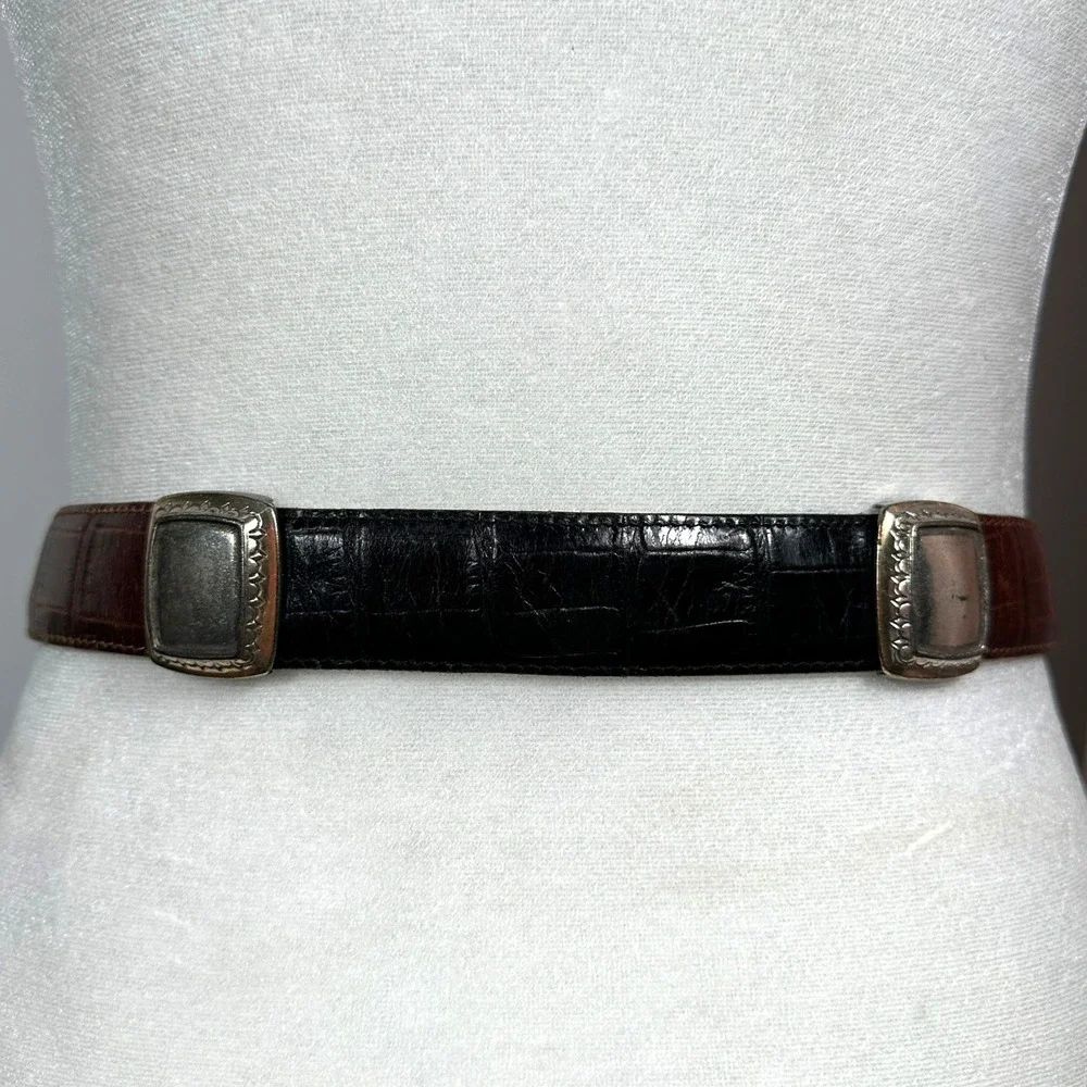 VTG Brighton Belt‎ Womens Small Black Brown Croc Embossed Leather Silver Buckle